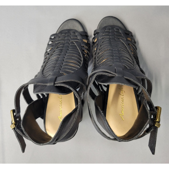 American Eagle Sandles Heels Shoes Womens 7 Black Strappy 3.5" Block Heel Buckle - Picture 8 of 15